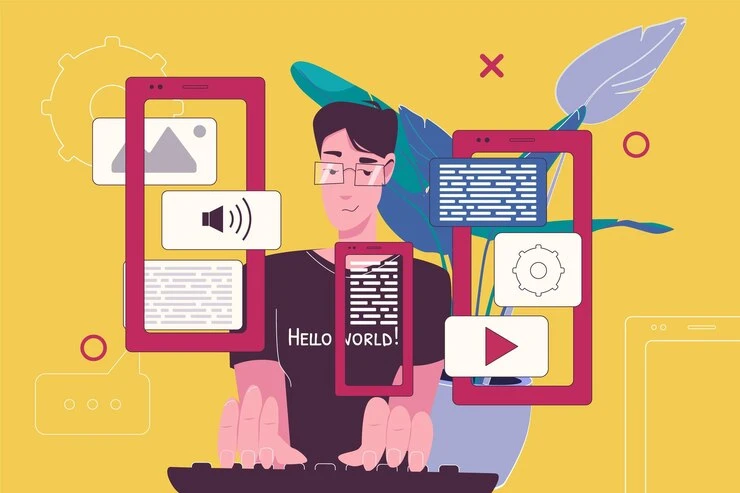 Ilustração representando um jovem digitando em um teclado com diversas telas ao redor, simbolizando a otimização de conteúdo digital.