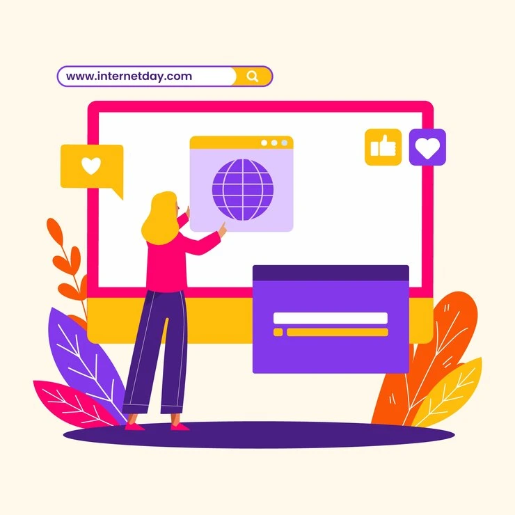 Ilustração sobre otimização de taxonomia, mostrando uma mulher interagindo com uma tela de computador e ícones de redes sociais. A imagem destaca elementos de design moderno que representam a organização de informações na web.