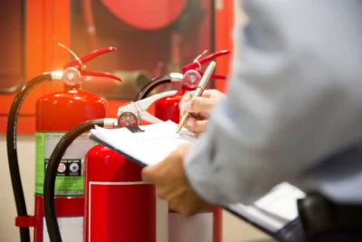 Profissional realizando revisão e manutenção de extintores de incêndio na empresa, essencial para segurança e prevenção de acidentes.