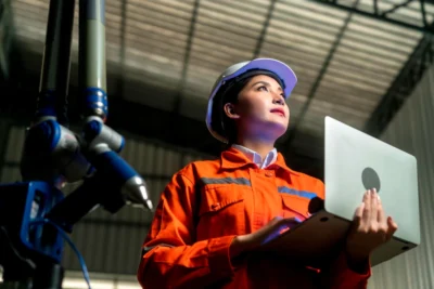 Engenheira usando uniforme de segurança, capacete e apontando para uma máquina industrial automatizada na Indústria 5.0, demonstrando habilidades essenciais para o futuro do trabalho.