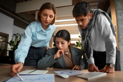 Equipe de profissionais em uma reunião de negócios, discutindo estratégias de liderança para o futuro das empresas em 2025.