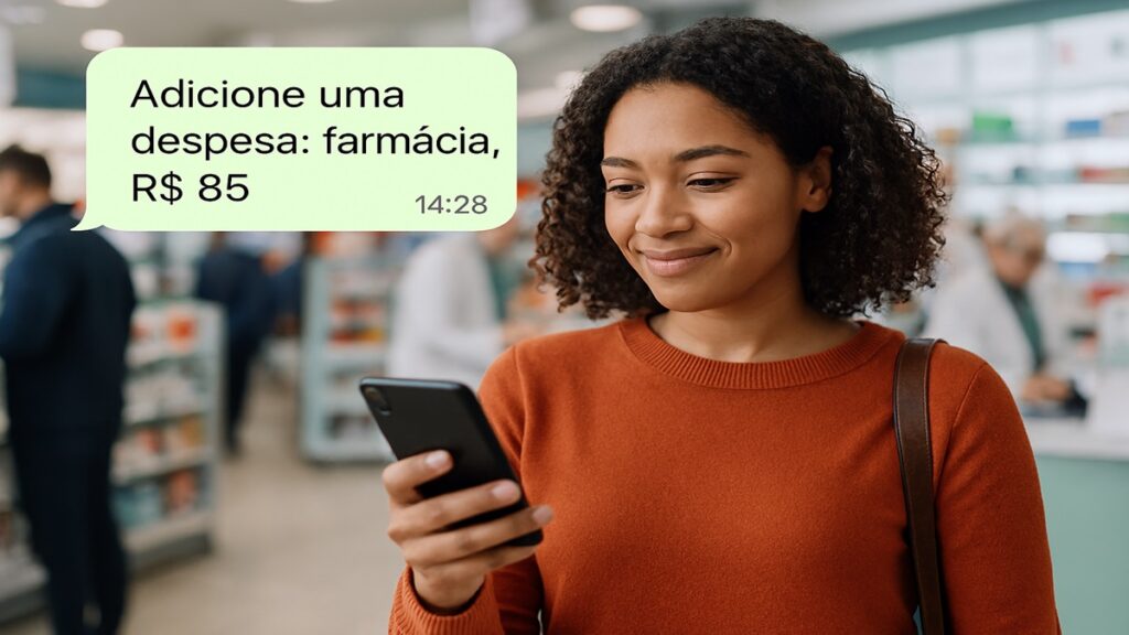 Pessoa registrando uma compra de R$ 85 em uma farmácia usando o celular, com prateleiras ao fundo