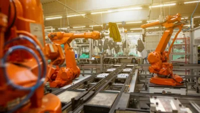 Imagem de uma fábrica moderna com robôs industriais automatizados representando a Indústria 4.0, mostrando tecnologia avançada, automação e inovação no setor manufatureiro.